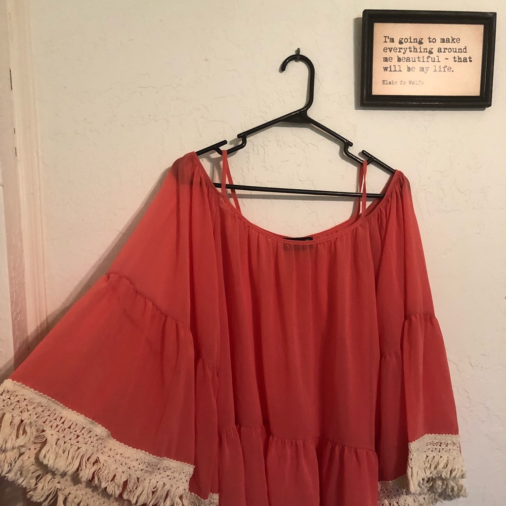 Coral/Lace Bell Sleeve Shirt
